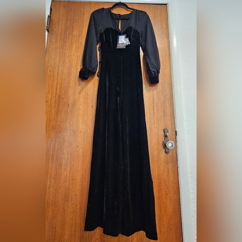 Collectif Black Velvet Jumpsuit with Sheer Long Sleeves
